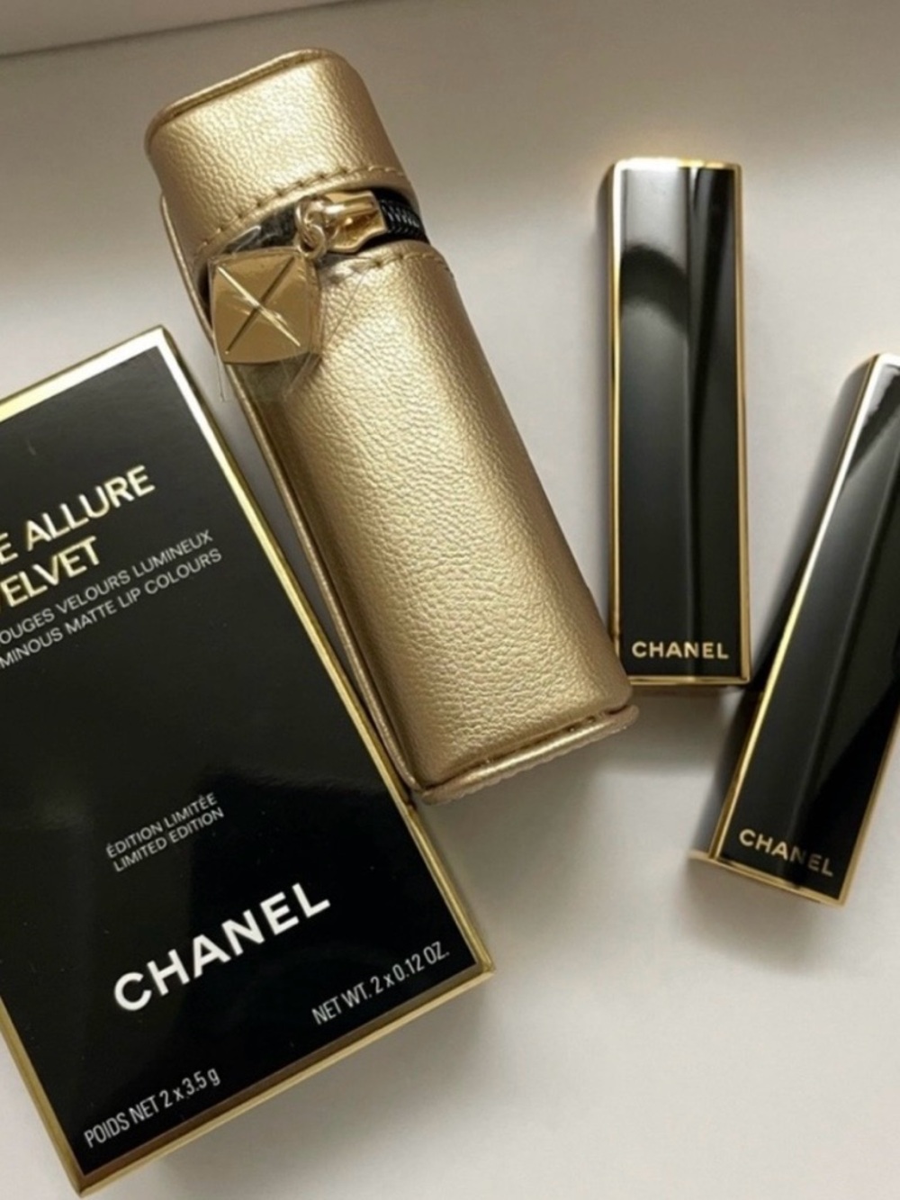 CHANEL Rouge Allure Lipstick Set in Black and Gold with Gold Leather Case